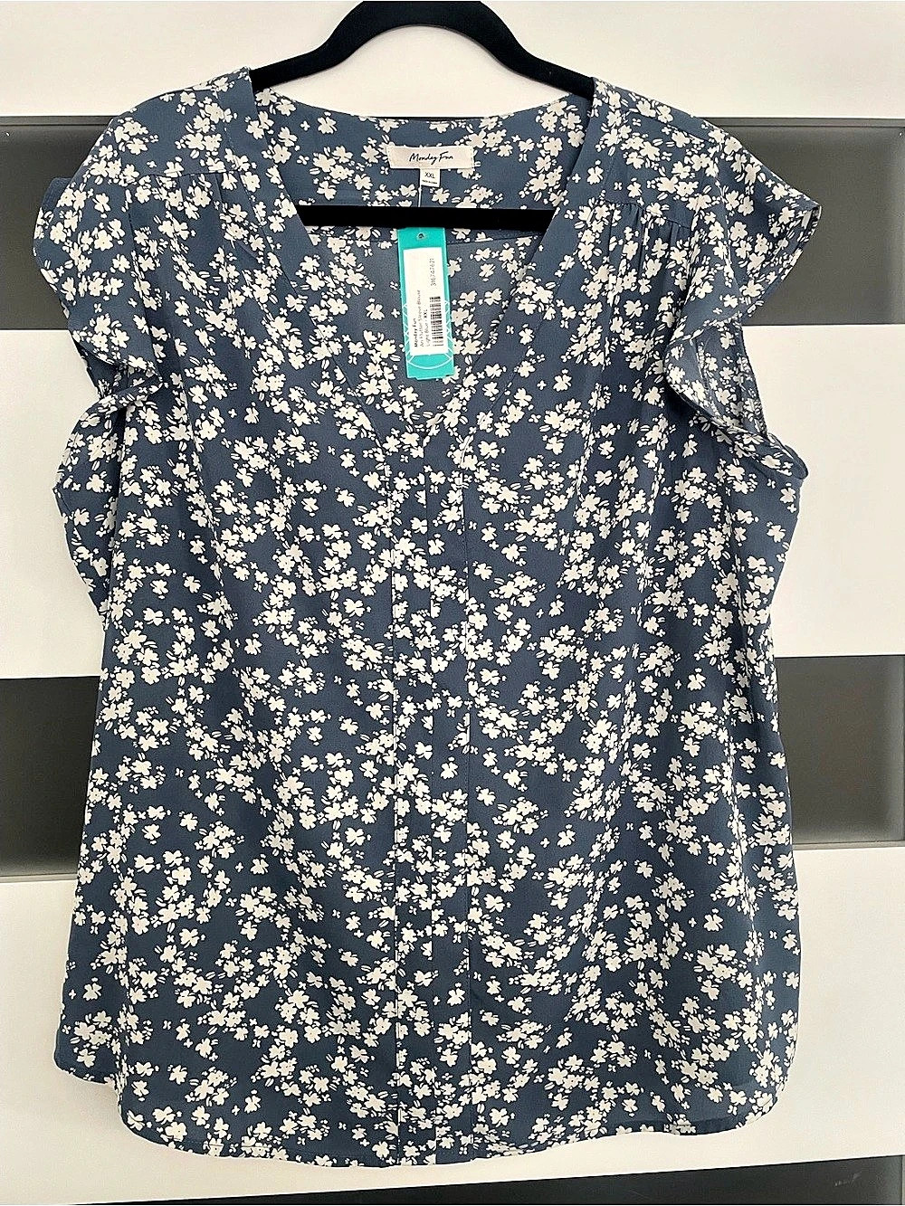 Monday Fun Ari Flutter Sleeve Blouse Blue & White XXL